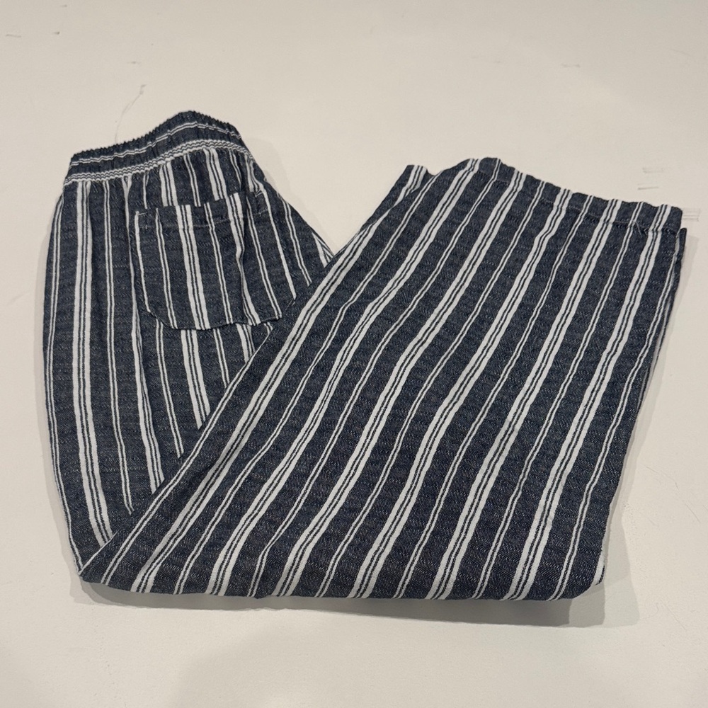 Old Navy Blue and White Striped Wide Leg Linen Cotton Blend Pants